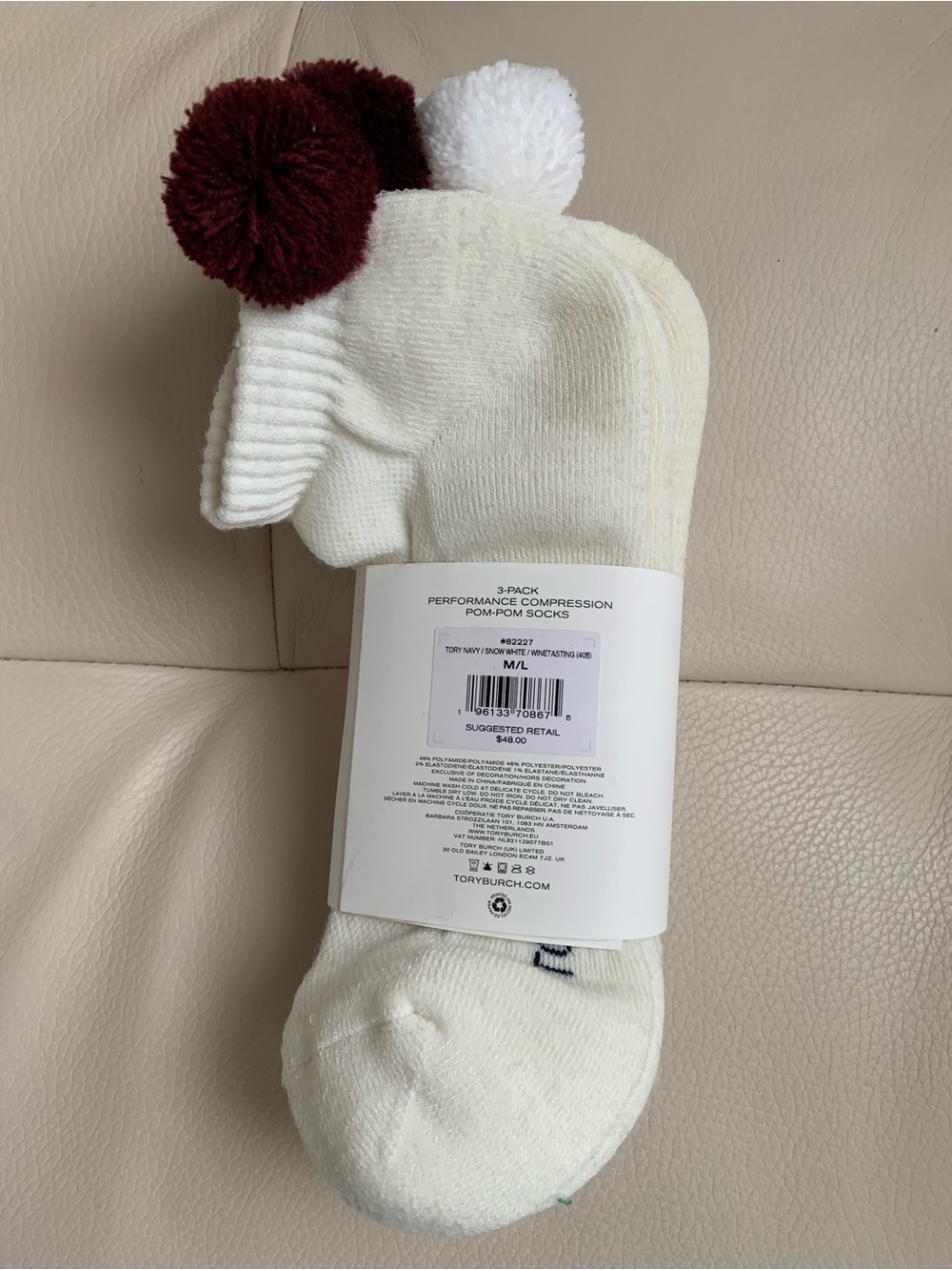 Tory Burch Socks with Burgundy, Black and White Pom Poms NWT - Picture 4 of 5